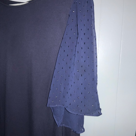 Loft navy knit blouse Sz M sheer glitter flutter sleeves keyhole back - Picture 2 of 6